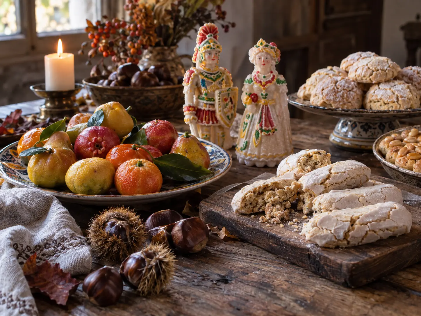 Dolci tradizionali italiani della Festa dei Morti, tra frutta di Martorana, pupi di zucchero e castagne.